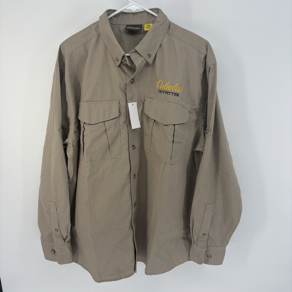New Cabelas Khaki Long Sleeve Button Down Shirt Pockets Hiking‎ Men Large